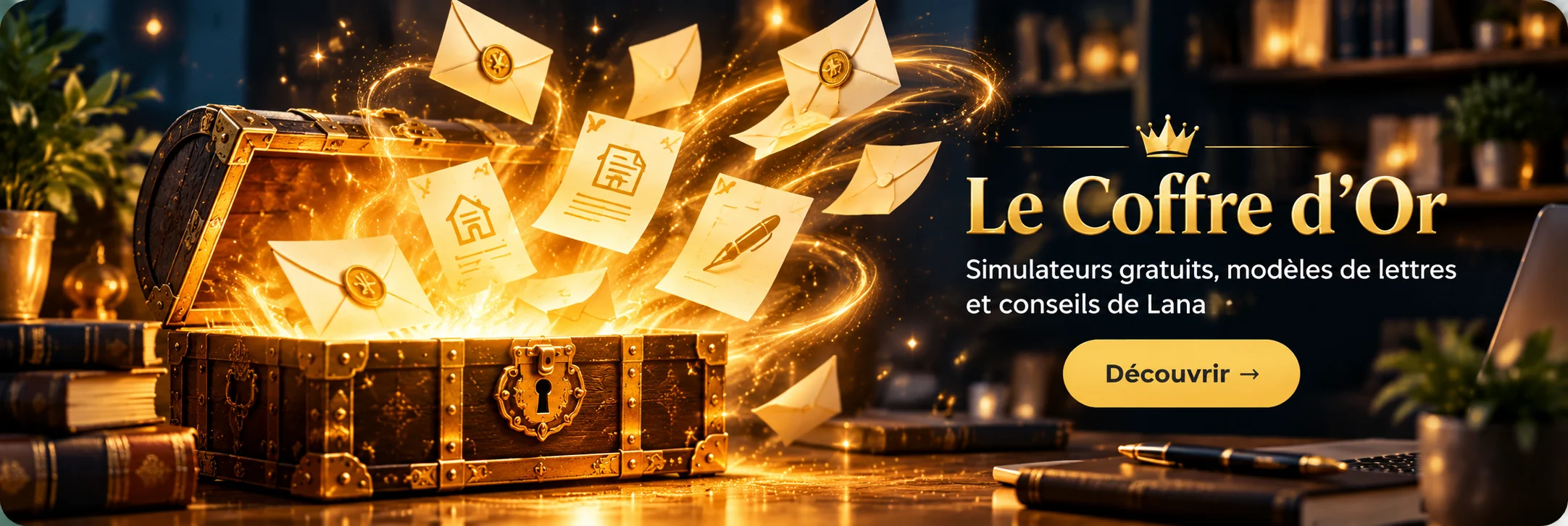 Un coffre ancien ouvert laisse s’envoler des lettres dorées dans une lumière chaleureuse. Le Coffre d’Or, simulateurs gratuits, modèles de lettres et conseils de Lana.